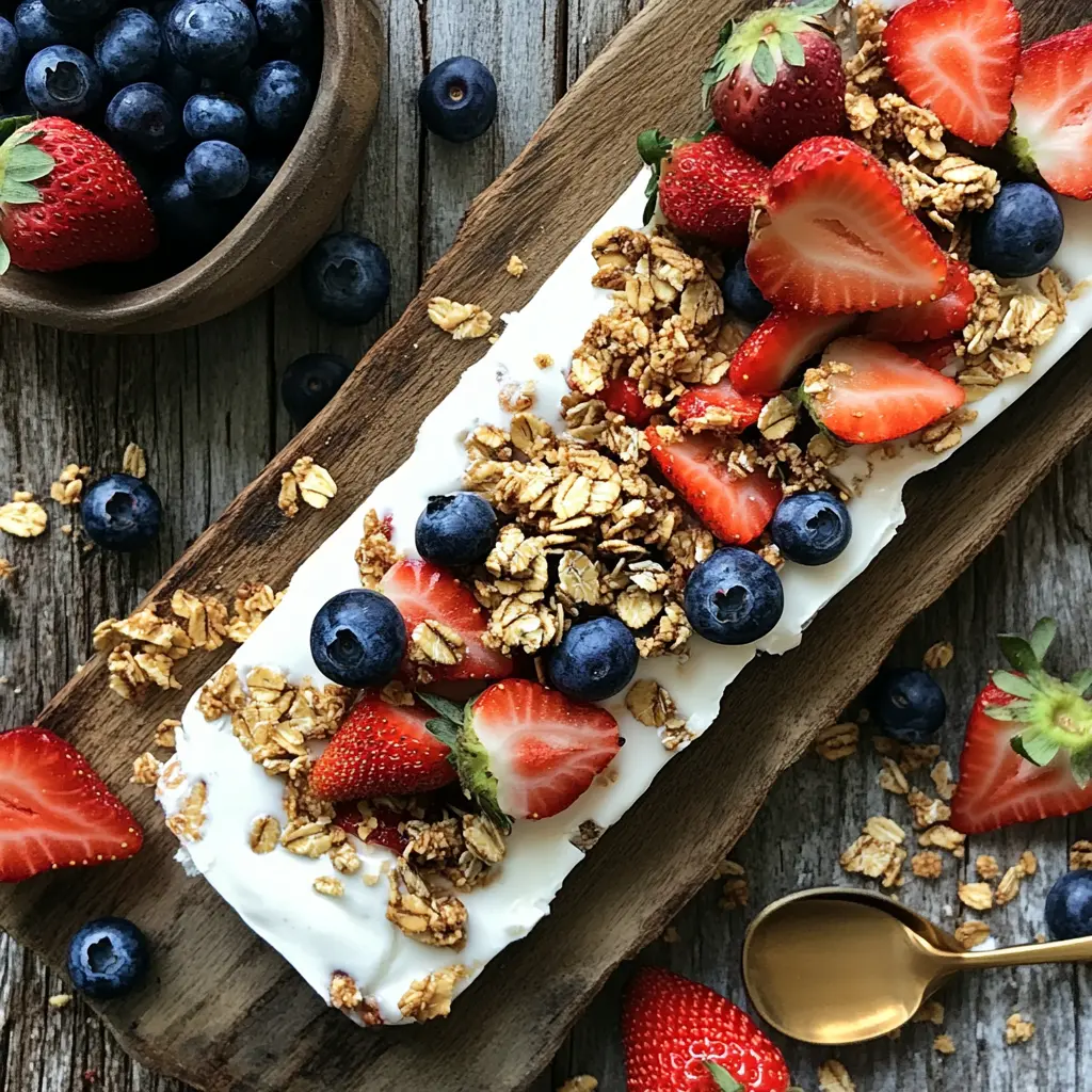 Frozen Yogurt Bark with Berries & Granola on tray