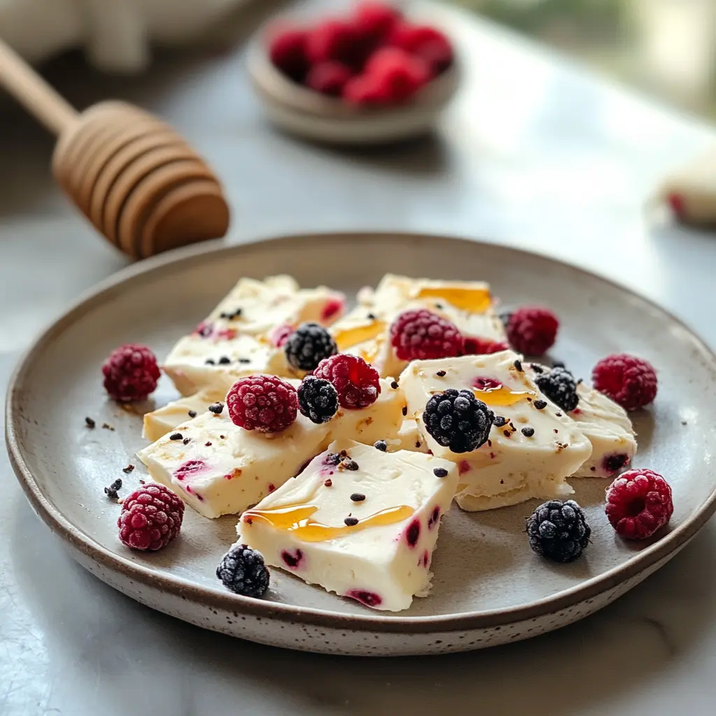 Serving Frozen Yogurt Bark with Berries & Granola
