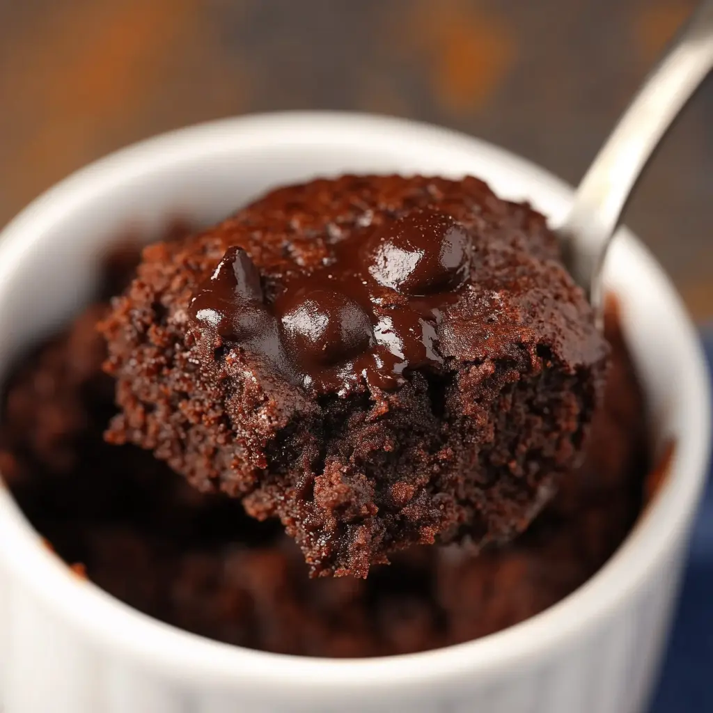 Cottage cheese microwave brownie served in a ramekin with chocolate chips on top.