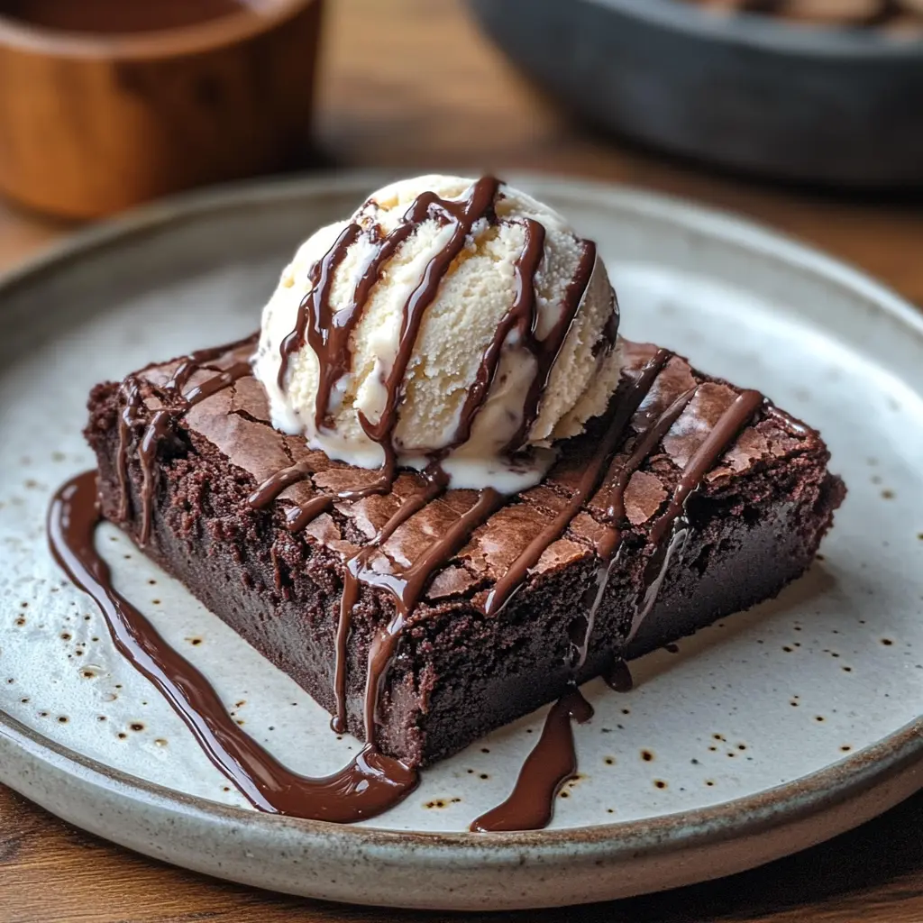 A slice of keto cottage cheese brownie topped with ice cream.